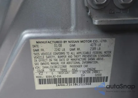 2008 Nissan Altima 2.5 S z USA, uszkodzony, nr VIN 1N4AL21E38C211968
